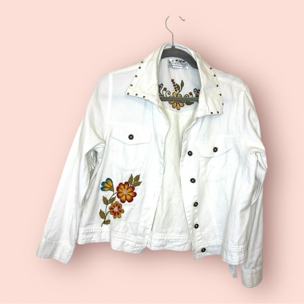 Back in the Saddle White Denim Fringe Jacket Western Cowgirl Festival Medium